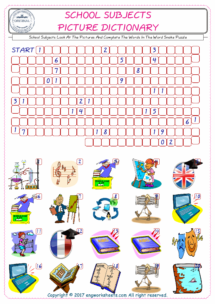  Check the Illustrations of School Subjects english worksheets for kids, and Supply the Missing Words in the Word Snake Puzzle ESL play. 